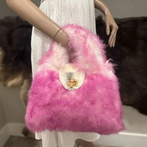 2 Tone Real Lamb Fur Handmade Top Handle, Fold Over Flap Handbag, Crossbody bag - Picture 9 of 16